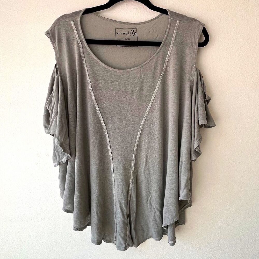 We The Free Women's Gray Solid Scoop Neck Cold Shoulder Short Sleeve Top L